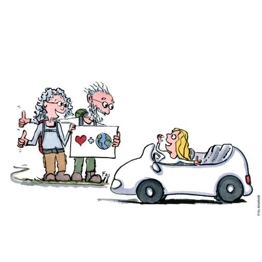 Tegning af to ældre som tomler, og bliver samlet op af en bil. Illustration om trivsel af Frits Ahlefeldt