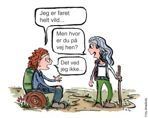 Tegning af en kvinde som er i tvivl om hvor hun er på vej hen. Og en som spørger hende hvor hun vil hen, men det ved hun ikke. Illustration om trivsel af Frits Ahlefeldt