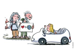 Tegning af to ældre som tomler, og bliver samlet op af en bil. Illustration om trivsel af Frits Ahlefeldt