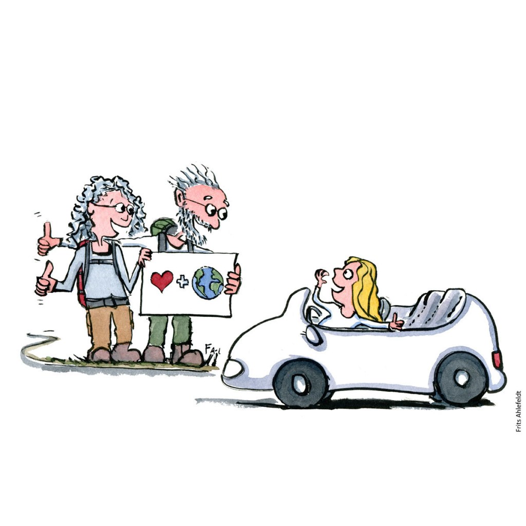 Tegning af to ældre som tomler, og bliver samlet op af en bil. Illustration om trivsel af Frits Ahlefeldt