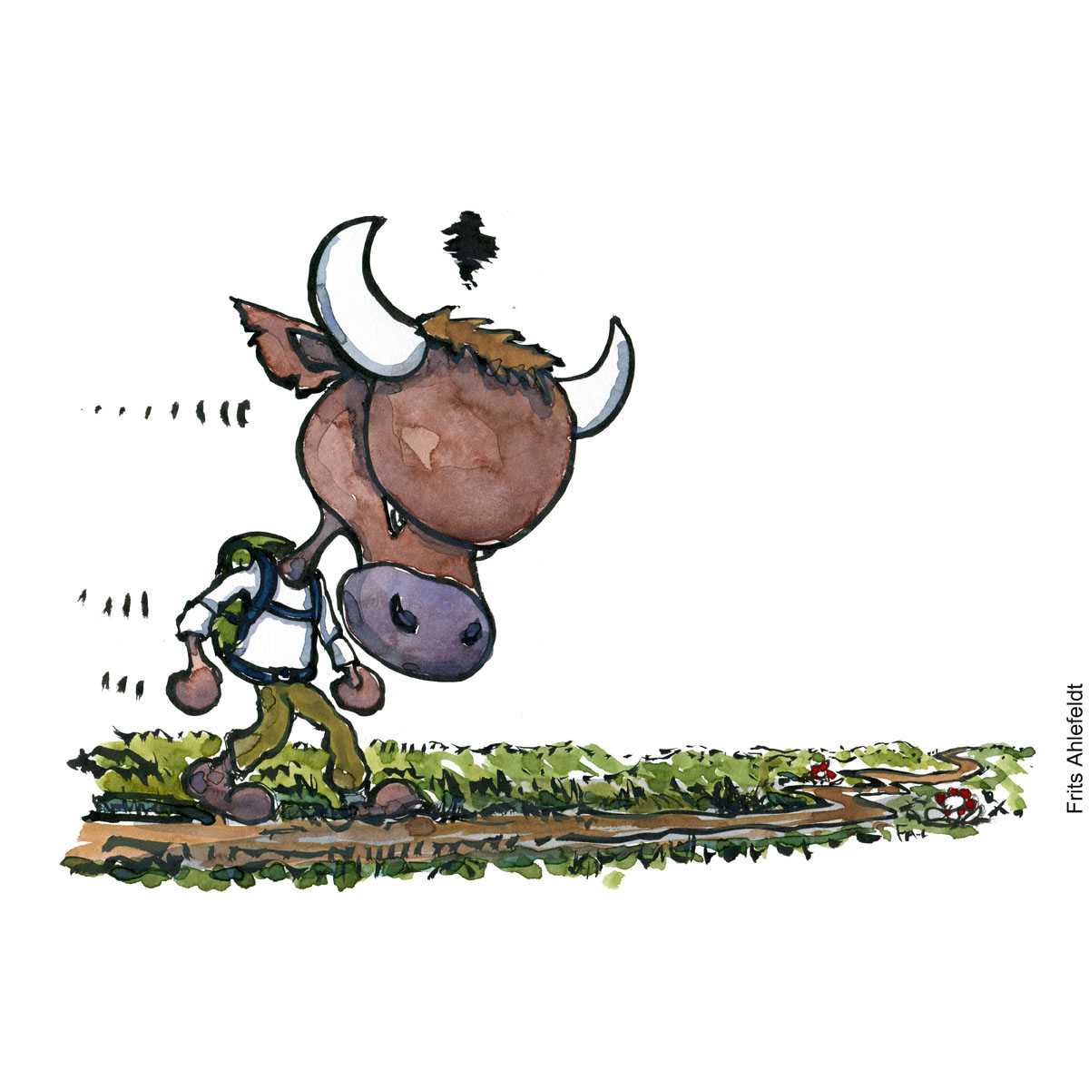 Tegning af en vred tyr med rygsæk, som vandrer Illustration om trivsel af Frits Ahlefeldt