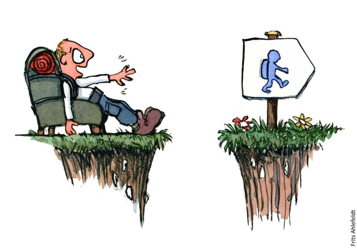 Tegning af en mand som er motiveret for at gå igang, men stadigt sidder i sin stol. Illustration om trivsel af Frits Ahlefeldt
