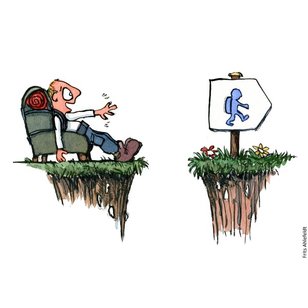 Tegning af en mand som er motiveret for at gå igang, men stadigt sidder i sin stol. Illustration om trivsel af Frits Ahlefeldt