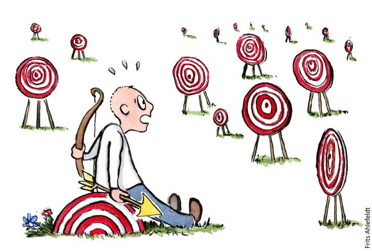 Tegning af mand som ikke ved hvilke målskive han skal sigte imod, Illustration af Frits Ahlefeldt