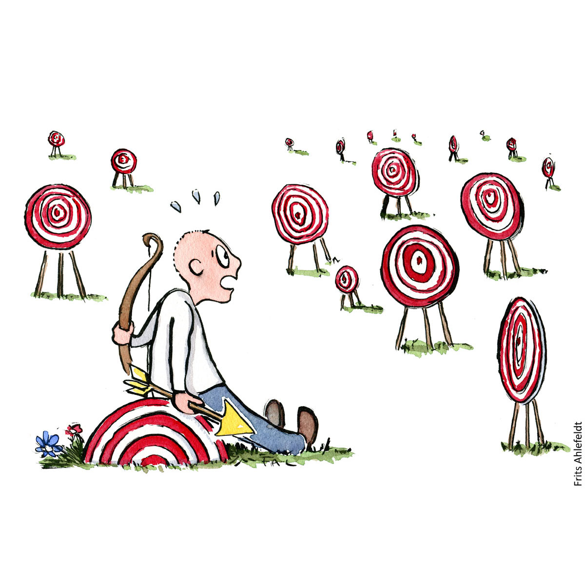 Kvadratisk Tegning af mand som ikke ved hvilke målskive han skal sigte imod, Illustration af Frits Ahlefeldt