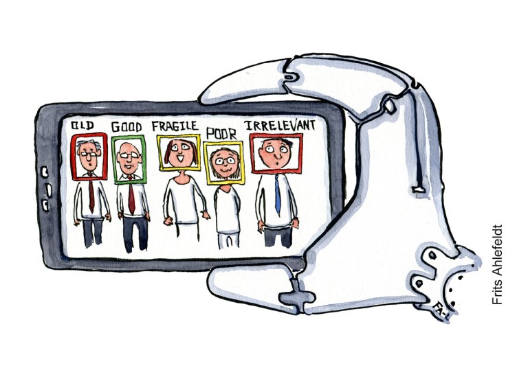 Tegning af en robot som vurderer en gruppe mennesker på en skærm, Illustration af Frits Ahlefeldt