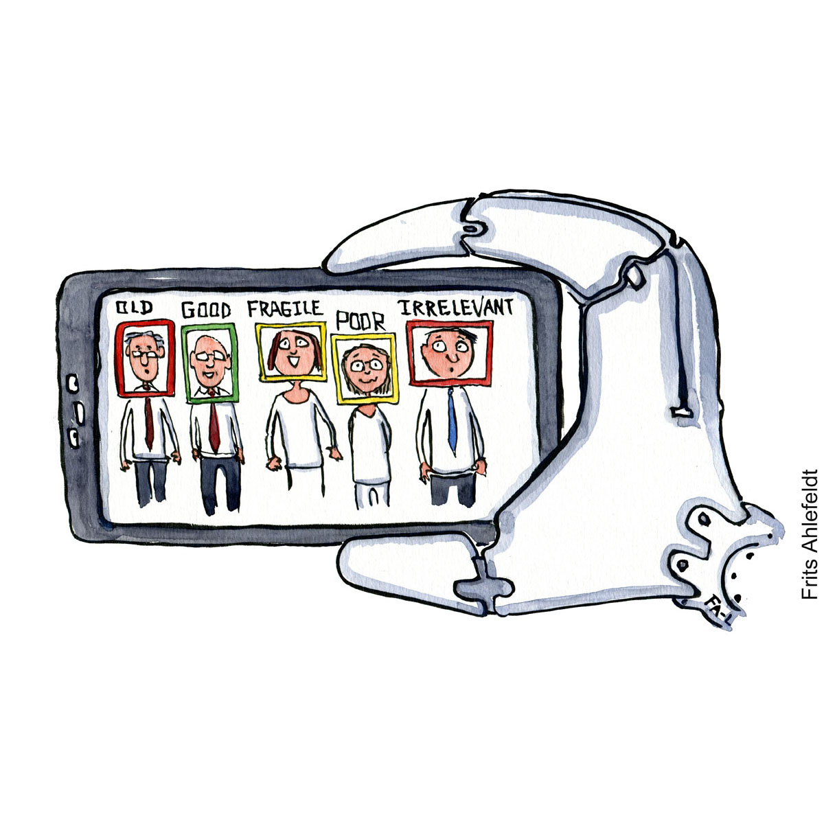 kvadratisk tegning af Tegning af en robot som vurderer en gruppe mennesker på en skærm, Illustration af Frits