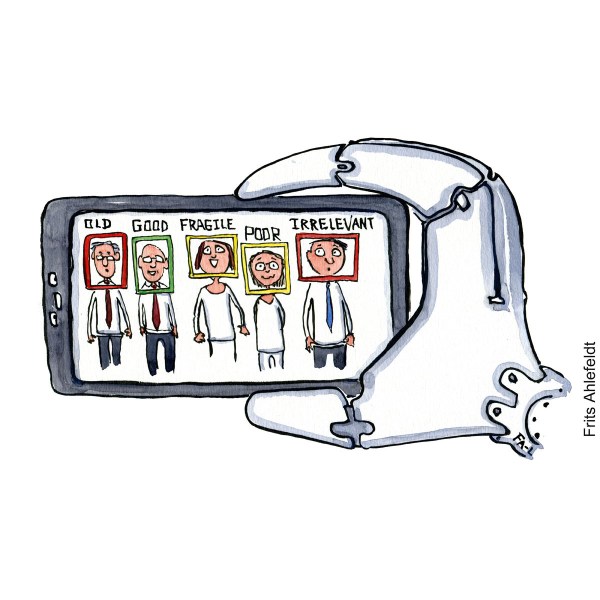 kvadratisk tegning af Tegning af en robot som vurderer en gruppe mennesker på en skærm, Illustration af Frits