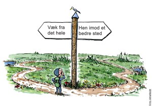 Væk fra det hele eller mod et bedre sted? Tegning af Frits Ahlefeldt