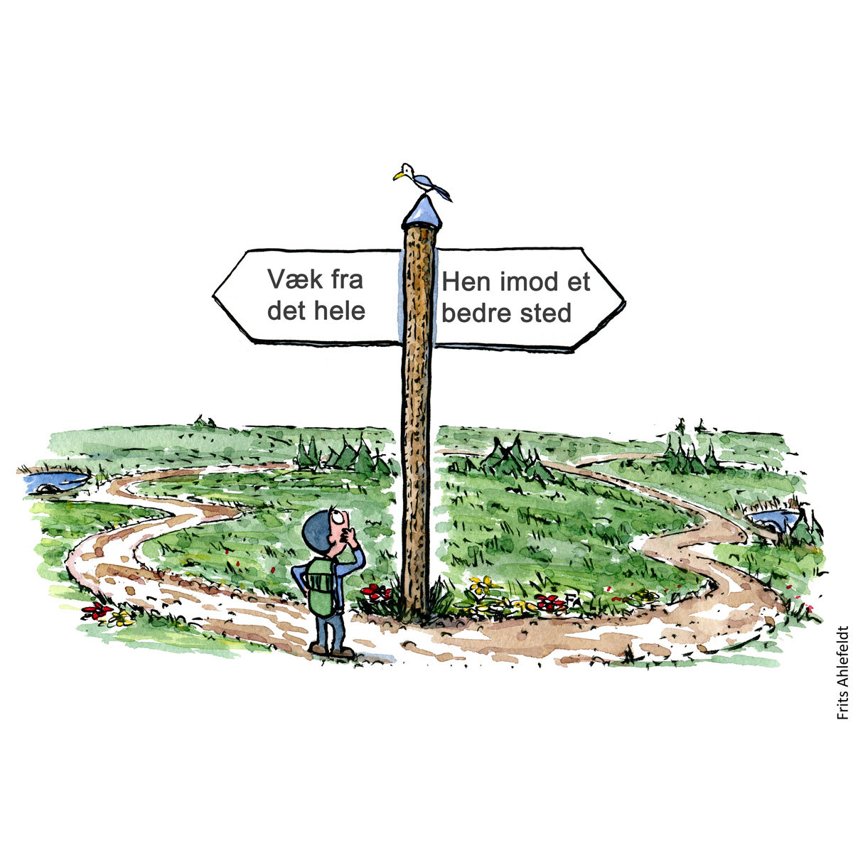 kvadratisk tegning Væk fra det hele eller mod et bedre sted? Tegning af Frits Ahlefeldt