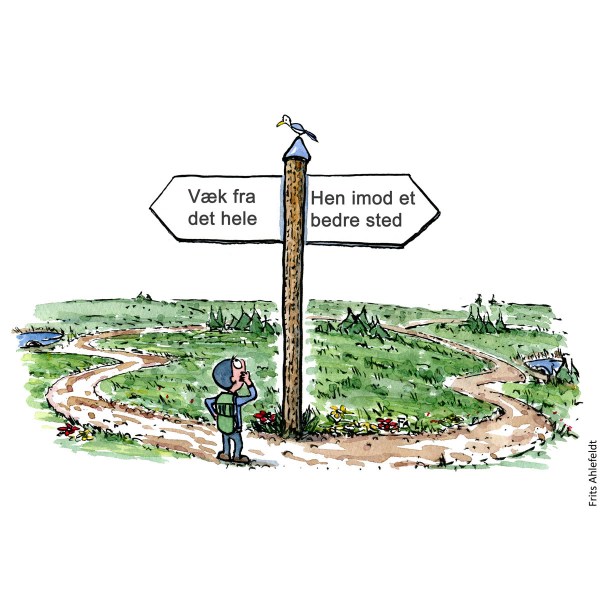 kvadratisk tegning Væk fra det hele eller mod et bedre sted? Tegning af Frits Ahlefeldt