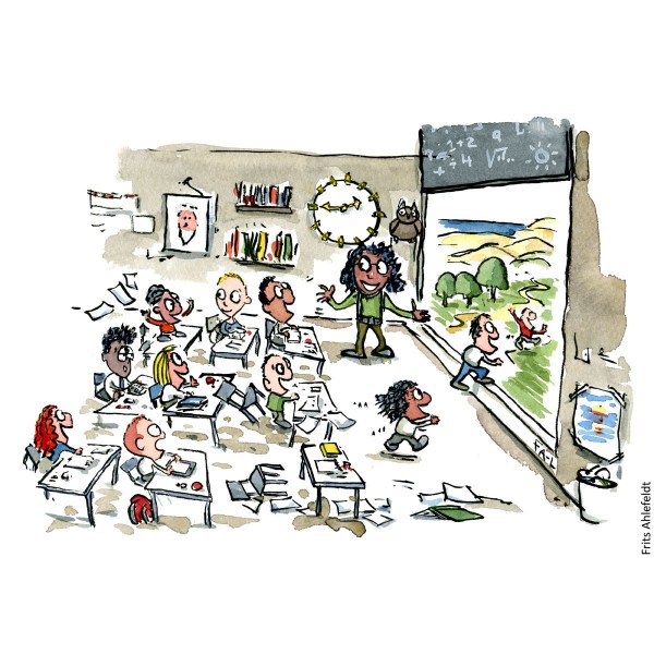 Børn ud i naturen, tegning af Frits Ahlefeldt