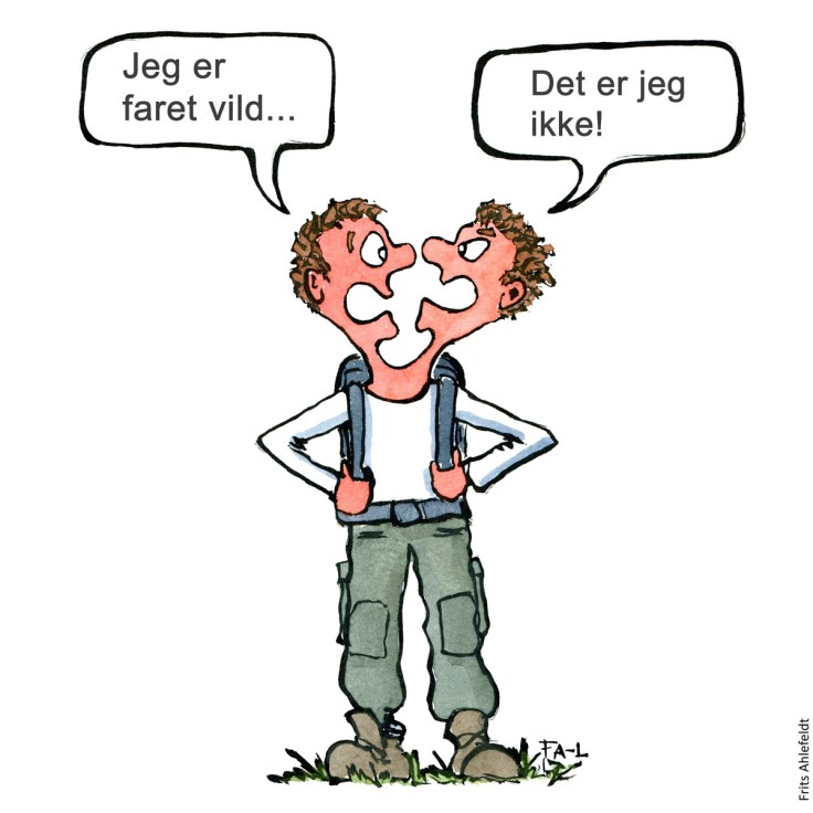 Forvirret mand som måske er faret vild. Tegning af Frits Ahlefeldt