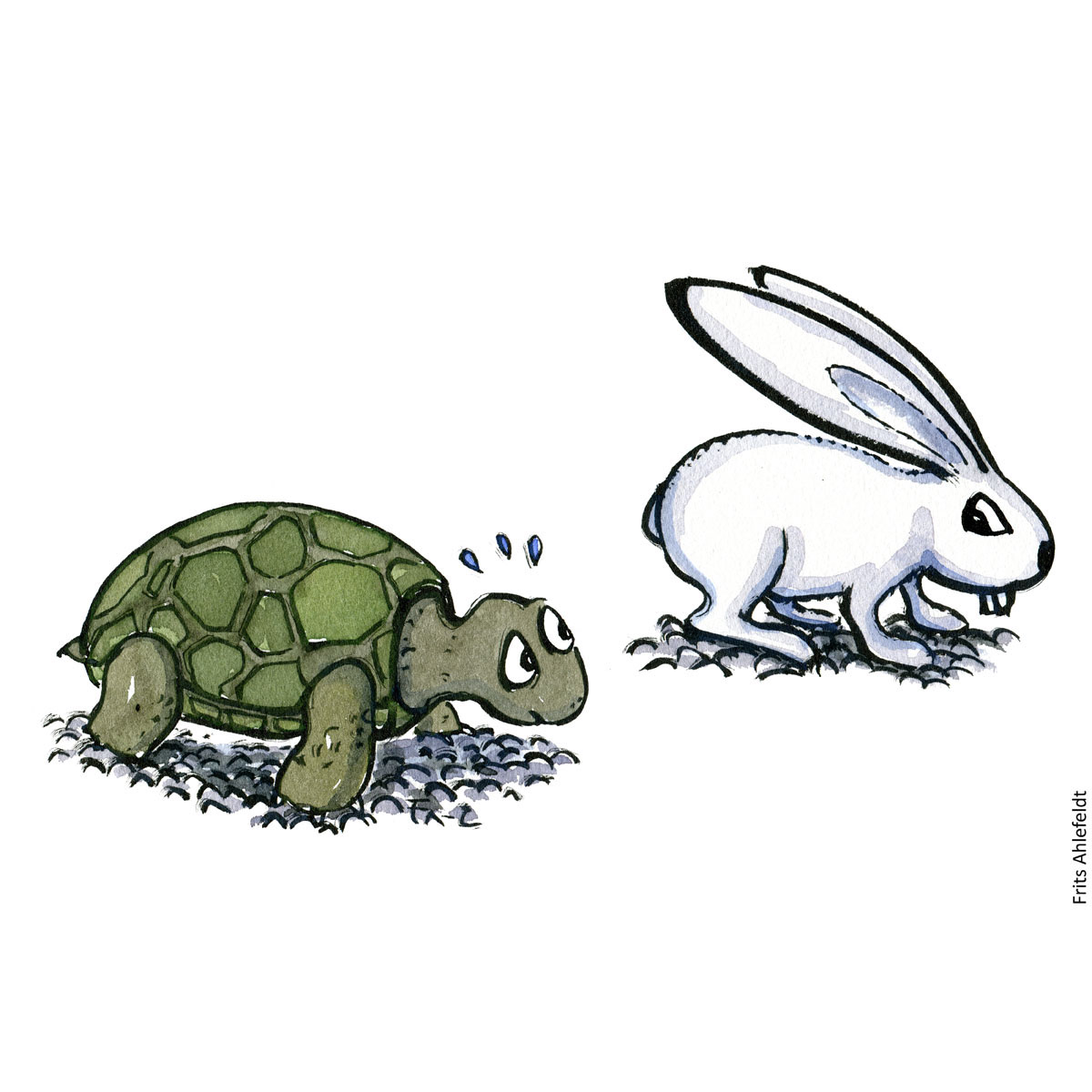 Skilpadde og kanin. Tegning af Frits Ahlefeldt